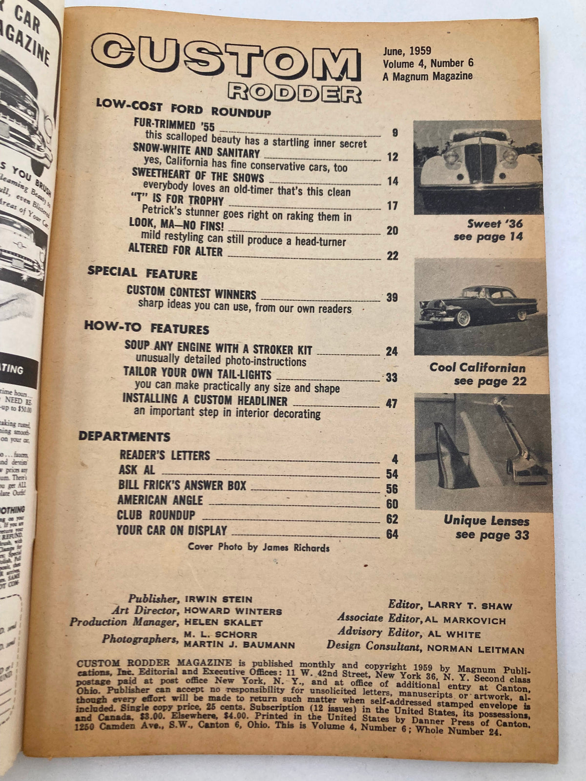 Inside page of VTG Custom Rodder Magazine June 1959 Vol 4 #6 displaying the table of contents, detailing articles on Ford modifications and DIY car projects.