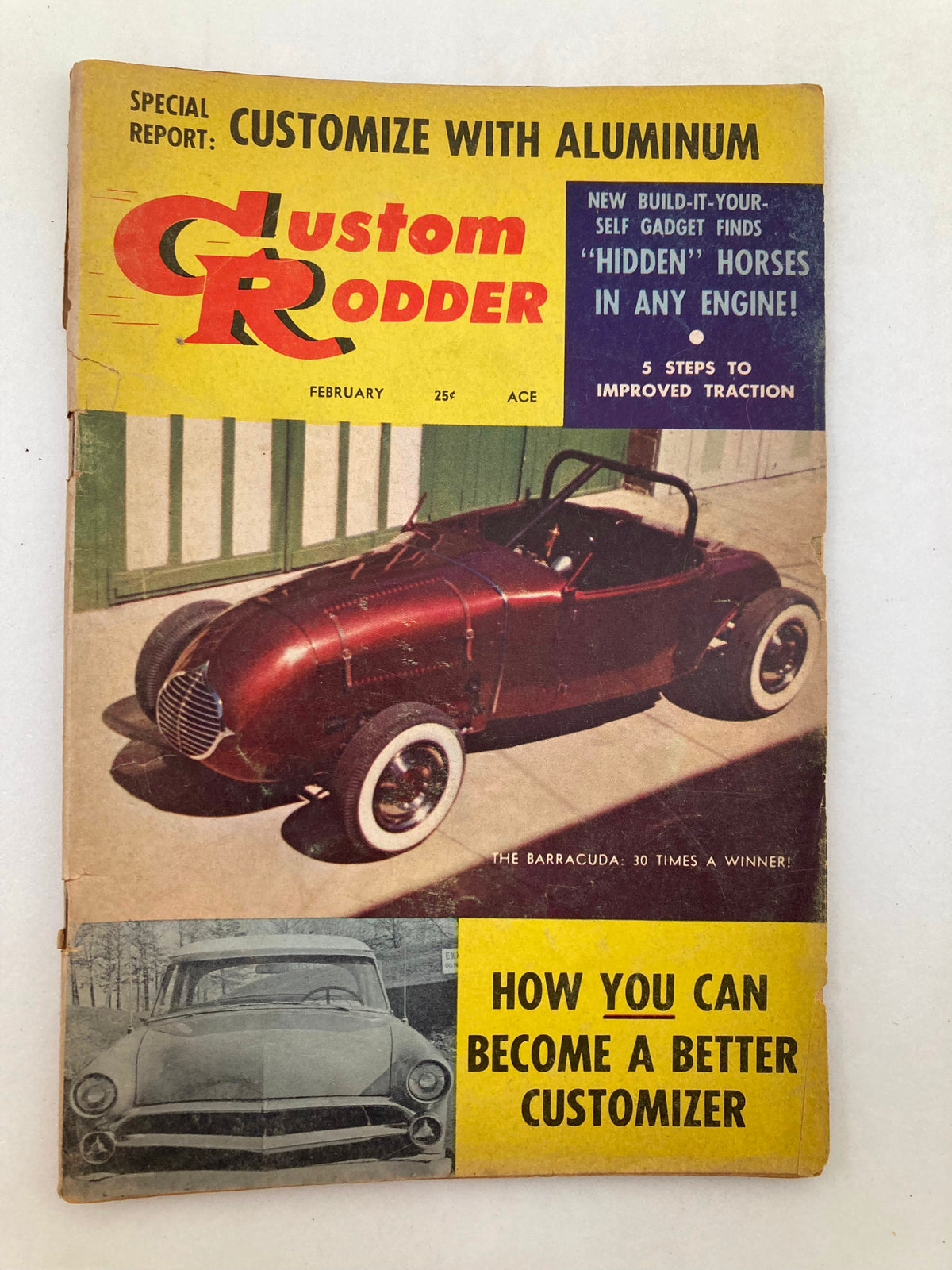 Cover of VTG Custom Rodder Magazine February 1958 Vol 2 #2 featuring a red custom car and bold headlines about customization and automotive tips.