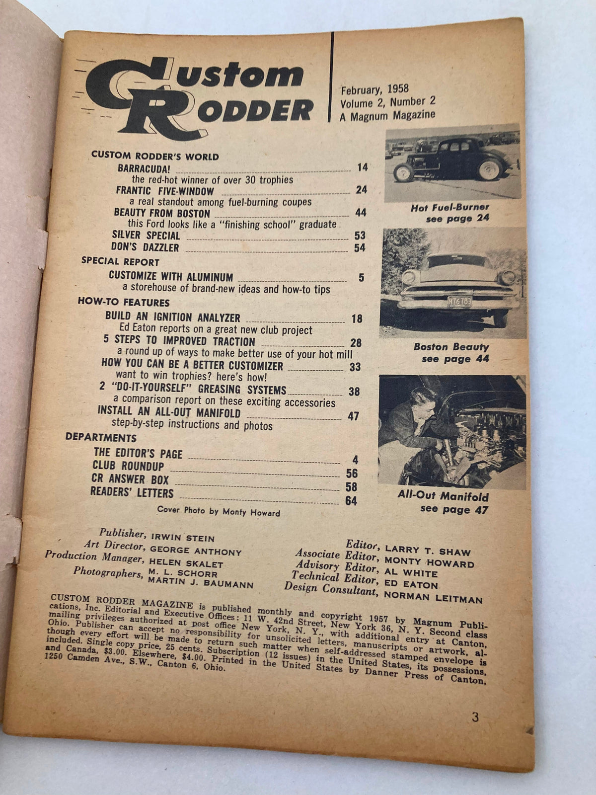 Table of contents of VTG Custom Rodder Magazine February 1958 Vol 2 #2 listing various articles including customization tips and features on cars.
