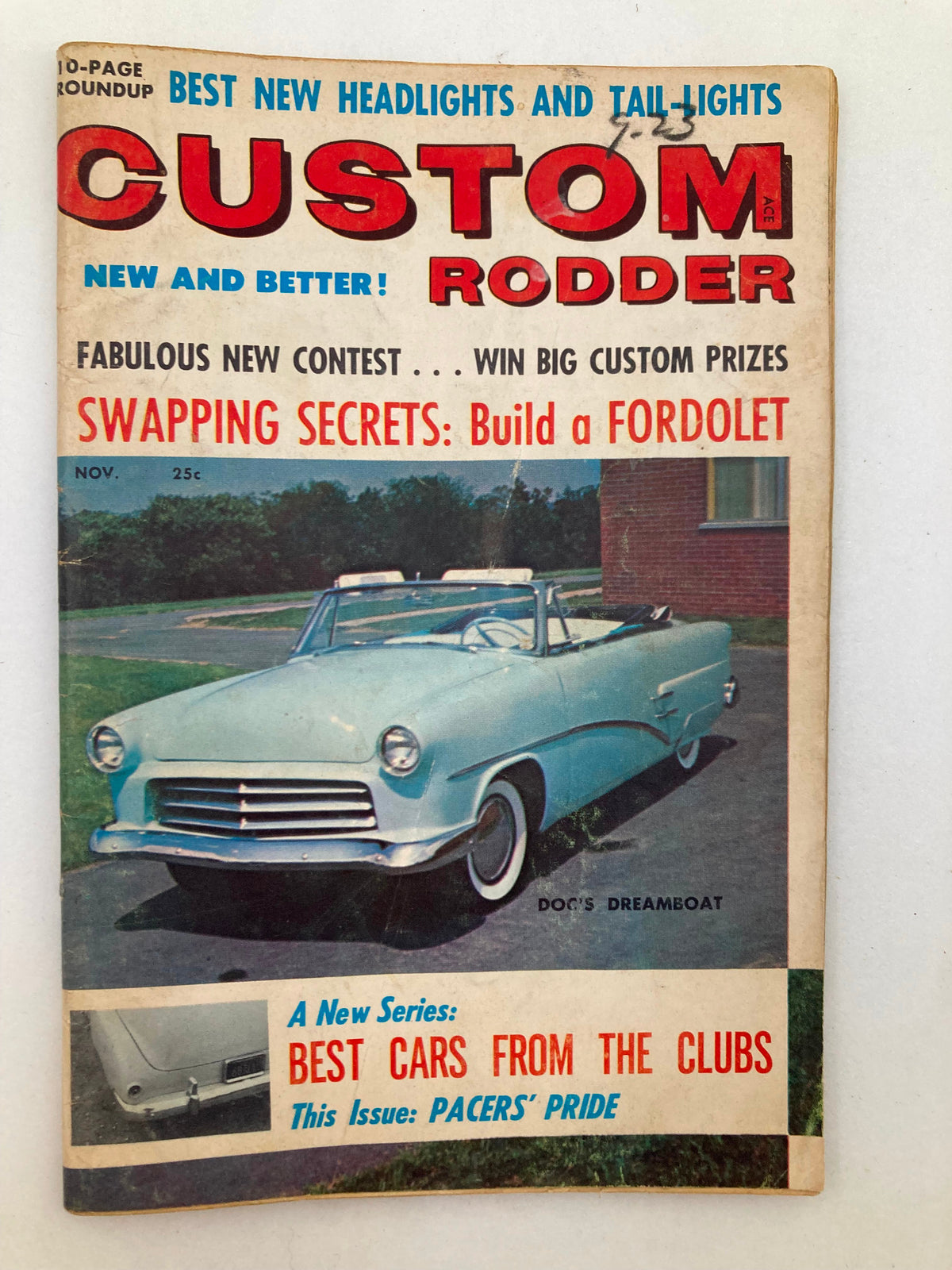 VTG Custom Rodder Magazine November 1958, Volume 3 Issue #5 featuring Doc's Dreamboat on the cover, showcasing classic car culture and automotive design.