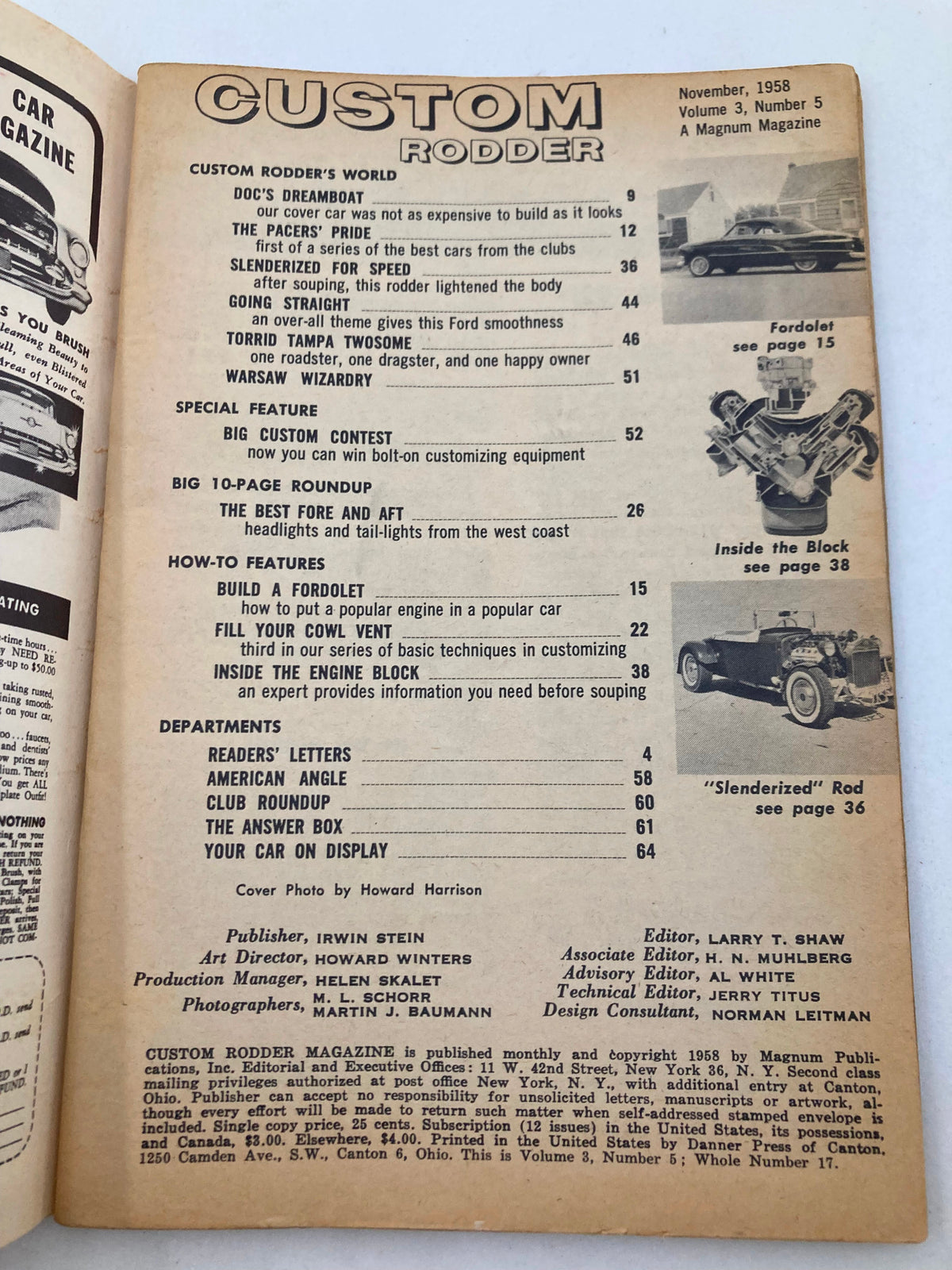 Interior page of VTG Custom Rodder Magazine November 1958, Volume 3 Issue #5 displaying the table of contents and articles on custom cars and features including Doc's Dreamboat.