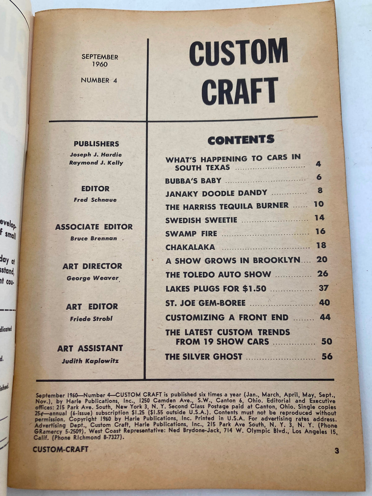 Inside page of VTG Custom Craft Magazine September 1960 #4, displaying the table of contents and publication details for vintage car enthusiasts.
