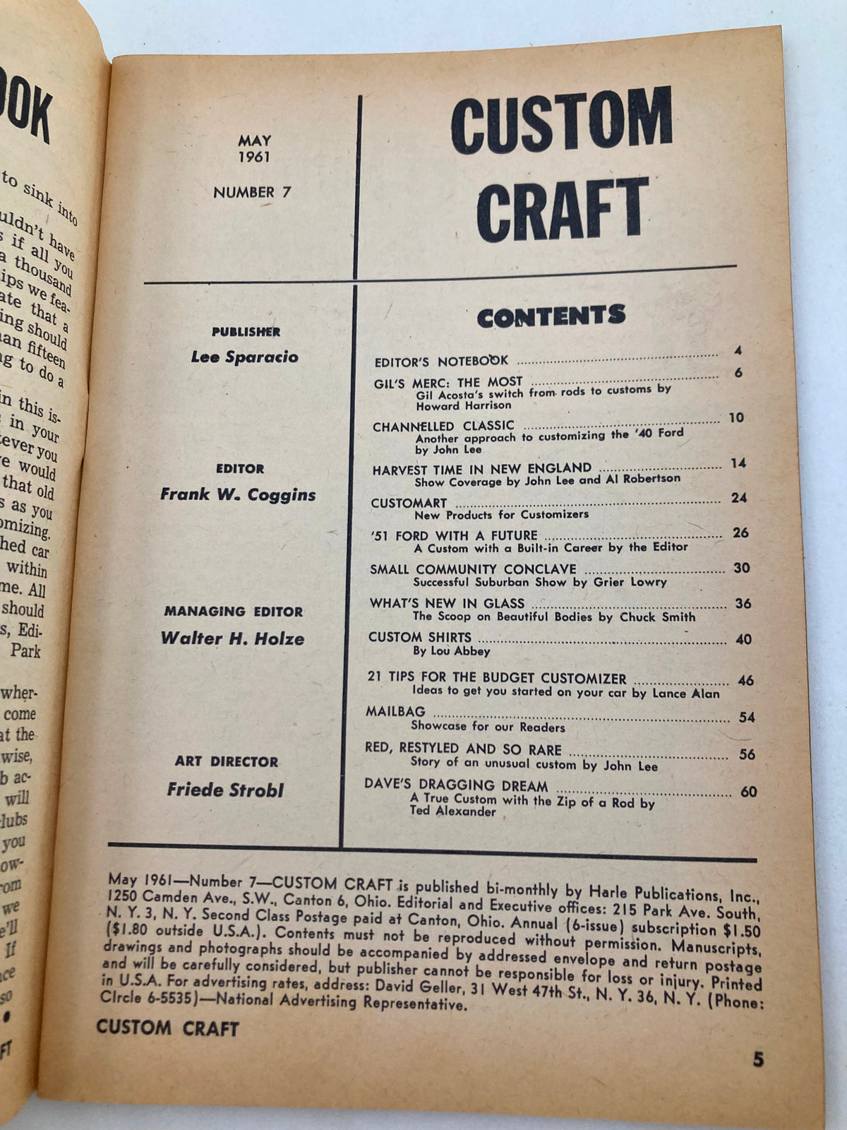 Interior page of VTG Custom Craft Magazine May 1961 #7 Gill's Merc showcasing the table of contents with sections like Editor's Notebook, Gill's Merc, Harvest Time in New England, and more, reflecting vintage craft ideas from the era.