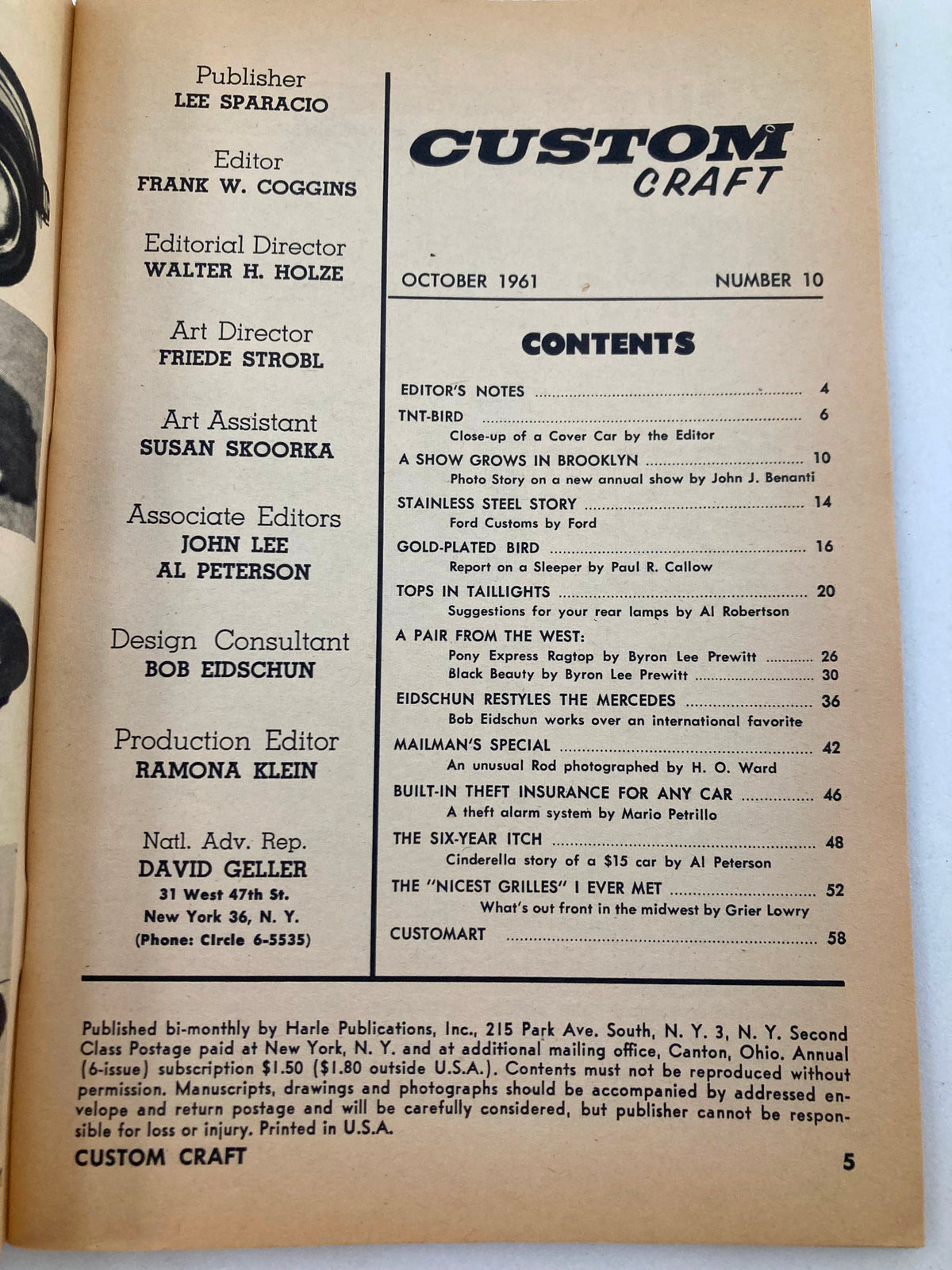 Contents page of VTG Custom Craft Magazine October 1961 #10 showcasing various articles and features including editor's notes, car customization reports, and design tips from notable contributors.