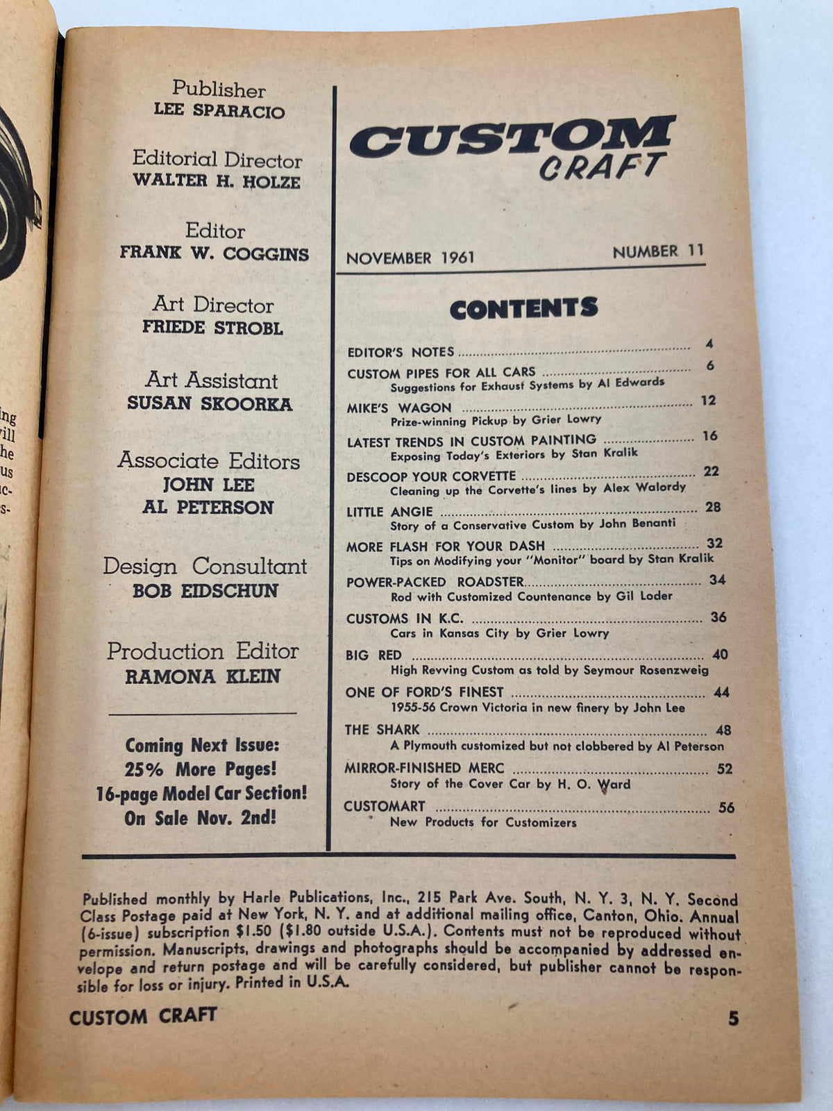 Contents page of VTG Custom Craft Magazine November 1961 #11 featuring editor's notes and topics like custom pipes, Mike's Wagon, and trends in custom painting.