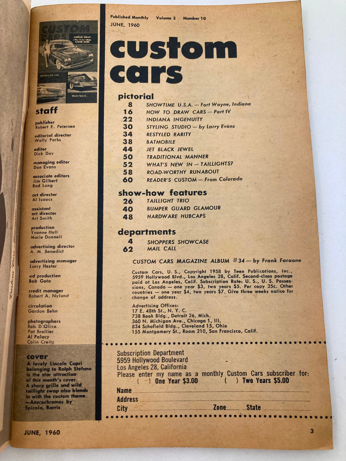 Interior page of VTG Custom Cars Magazine June 1960 Volume 3 Number 10, showcasing the contents and articles on custom cars and automotive culture.
