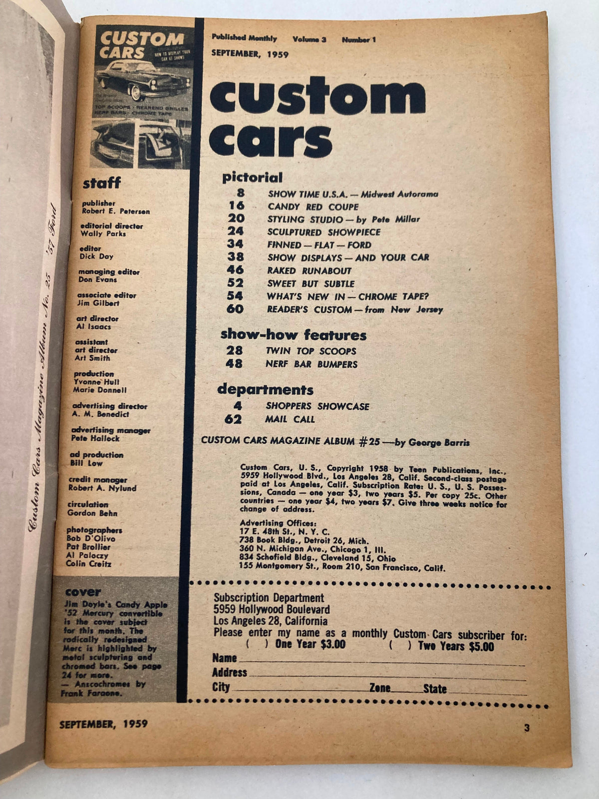 Inside page of VTG Custom Cars Magazine September 1959 Vol 3 #1 displaying the contents and features including articles on car styling and customization.