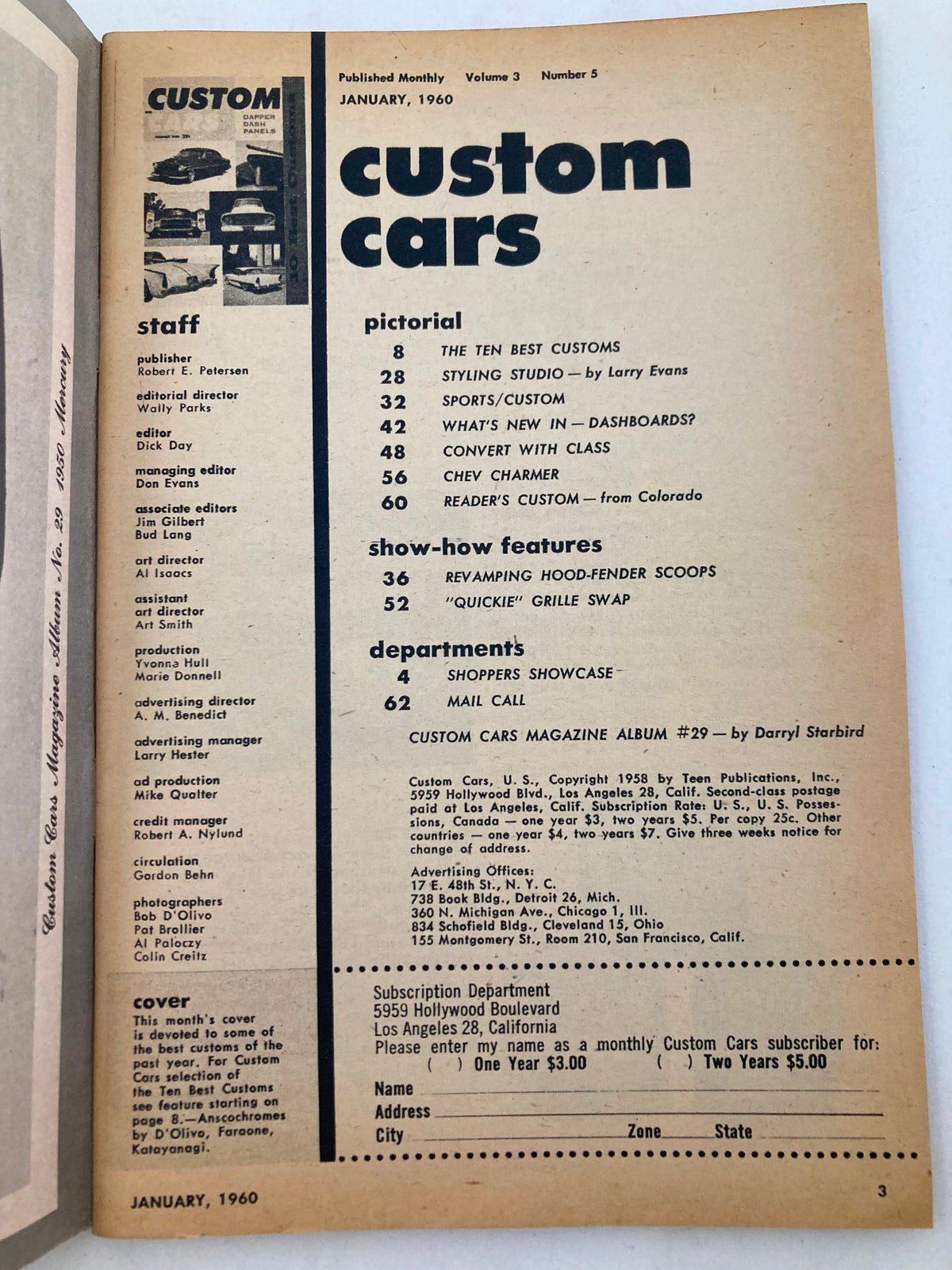 Inside page of VTG Custom Cars Magazine January 1960 Vol 3 #5 showcasing the staff and article list for the issue.