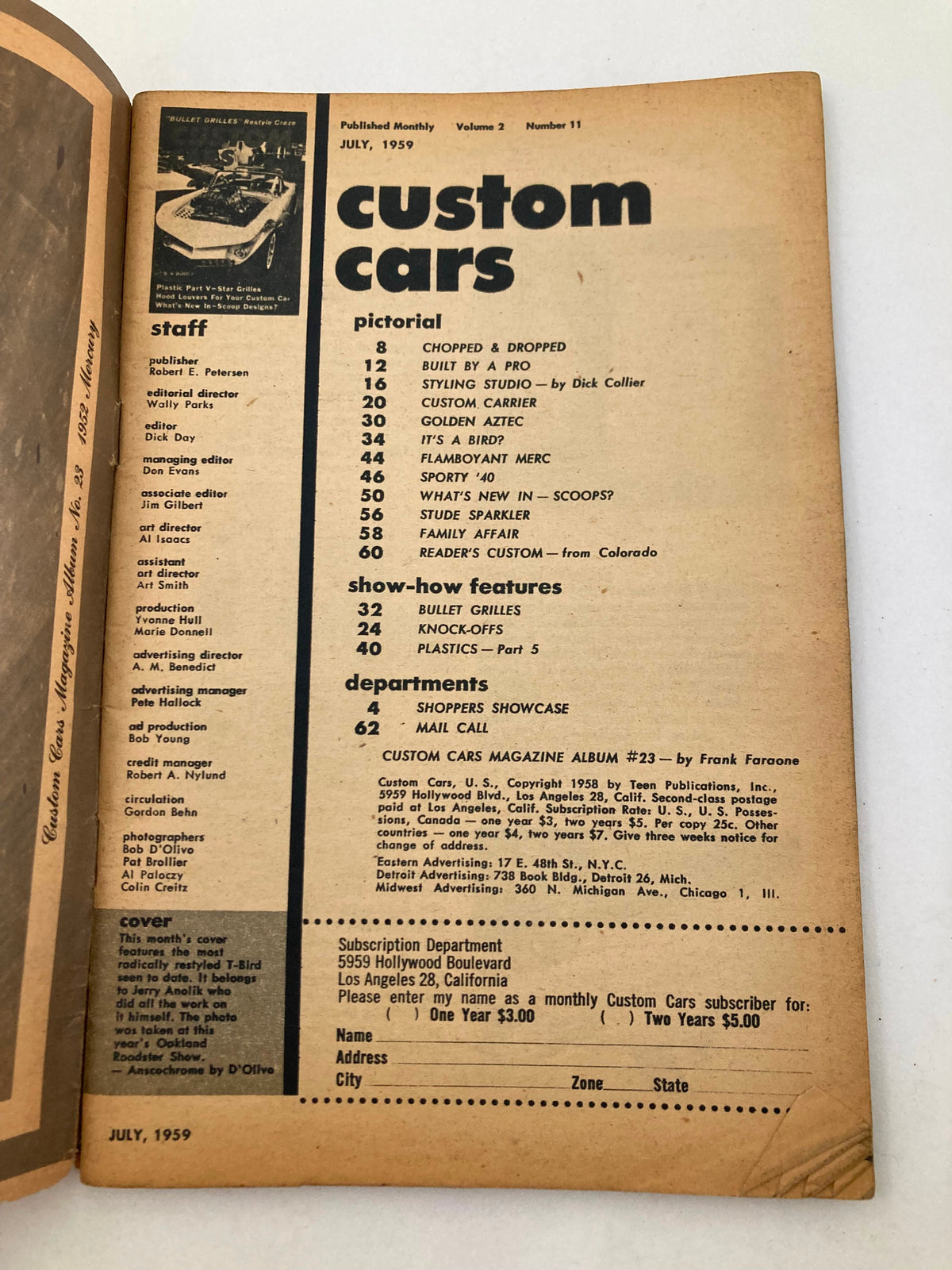 Table of contents for Custom Cars Magazine July 1959, Volume 2, Issue 11, showcasing article titles and features related to custom cars and automotive culture.