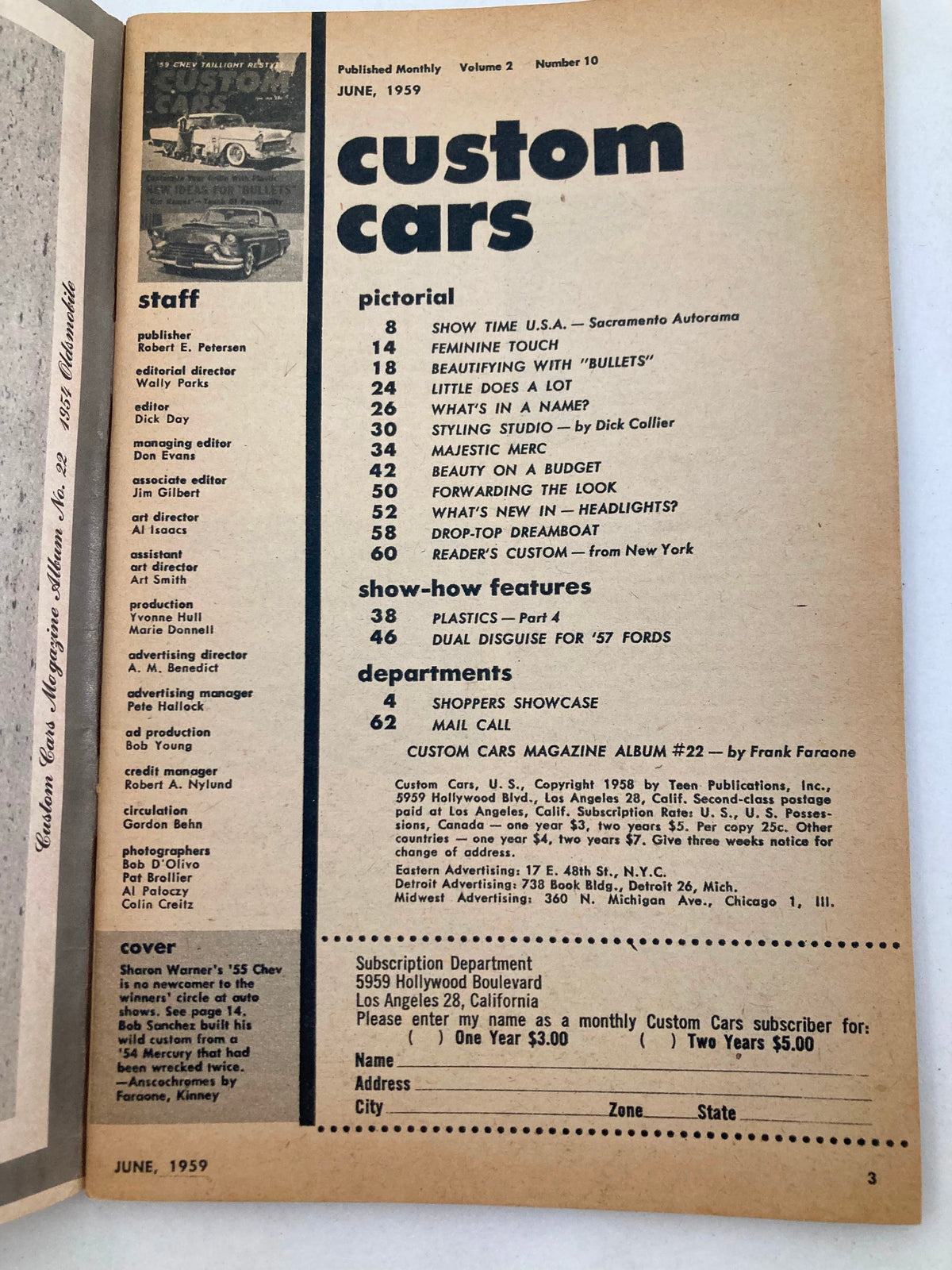 VTG Custom Cars Magazine June 1959 contents page, outlining articles and features related to automotive culture and customization.