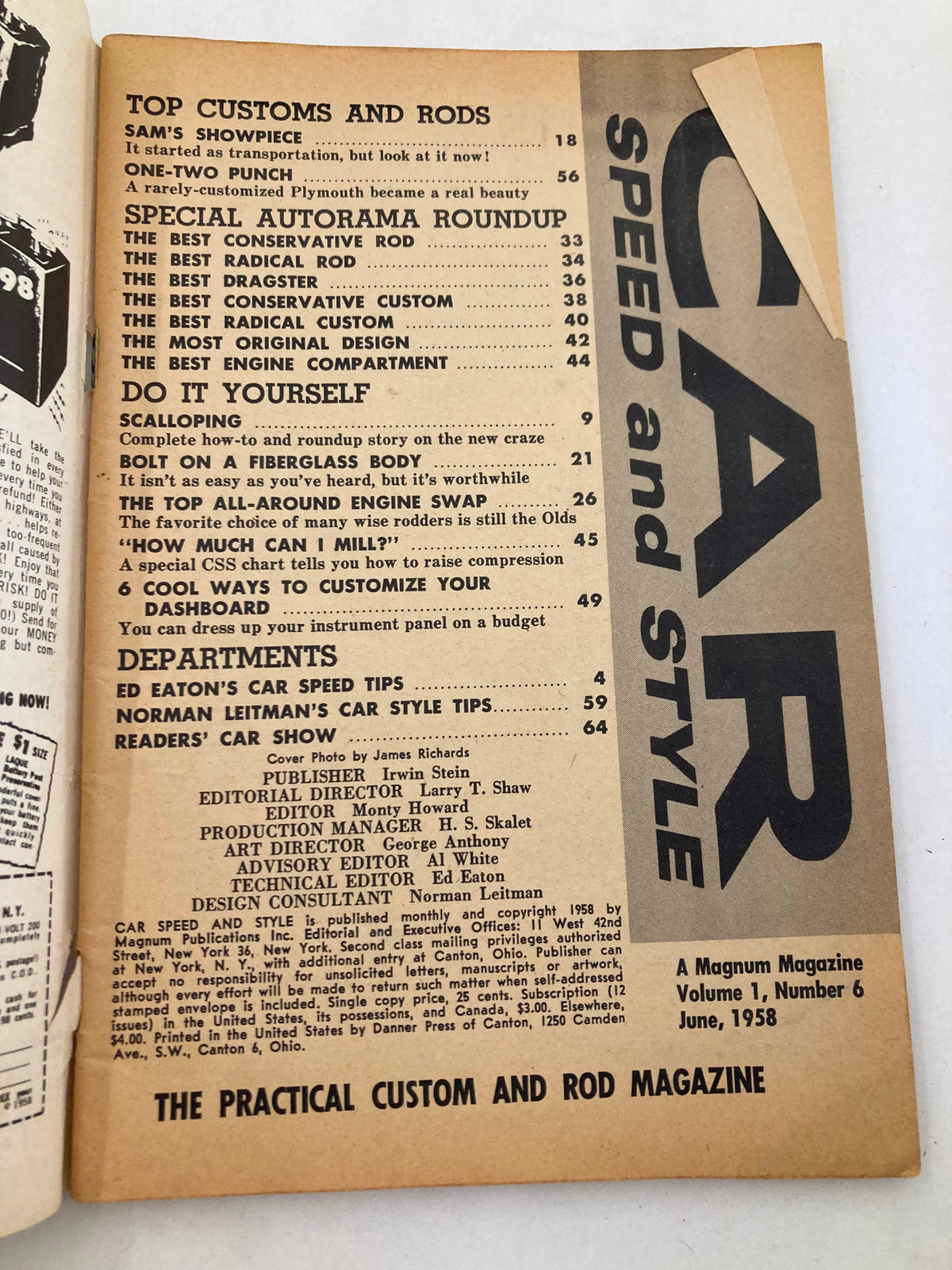 Cover page of VTG Car Speed & Style Magazine June 1958 Vol 1 #6 featuring detailed articles and topics on custom cars, including 'Bolt on a Fiberglass'. Classic automotive magazine layout showcasing car speed and style trends.