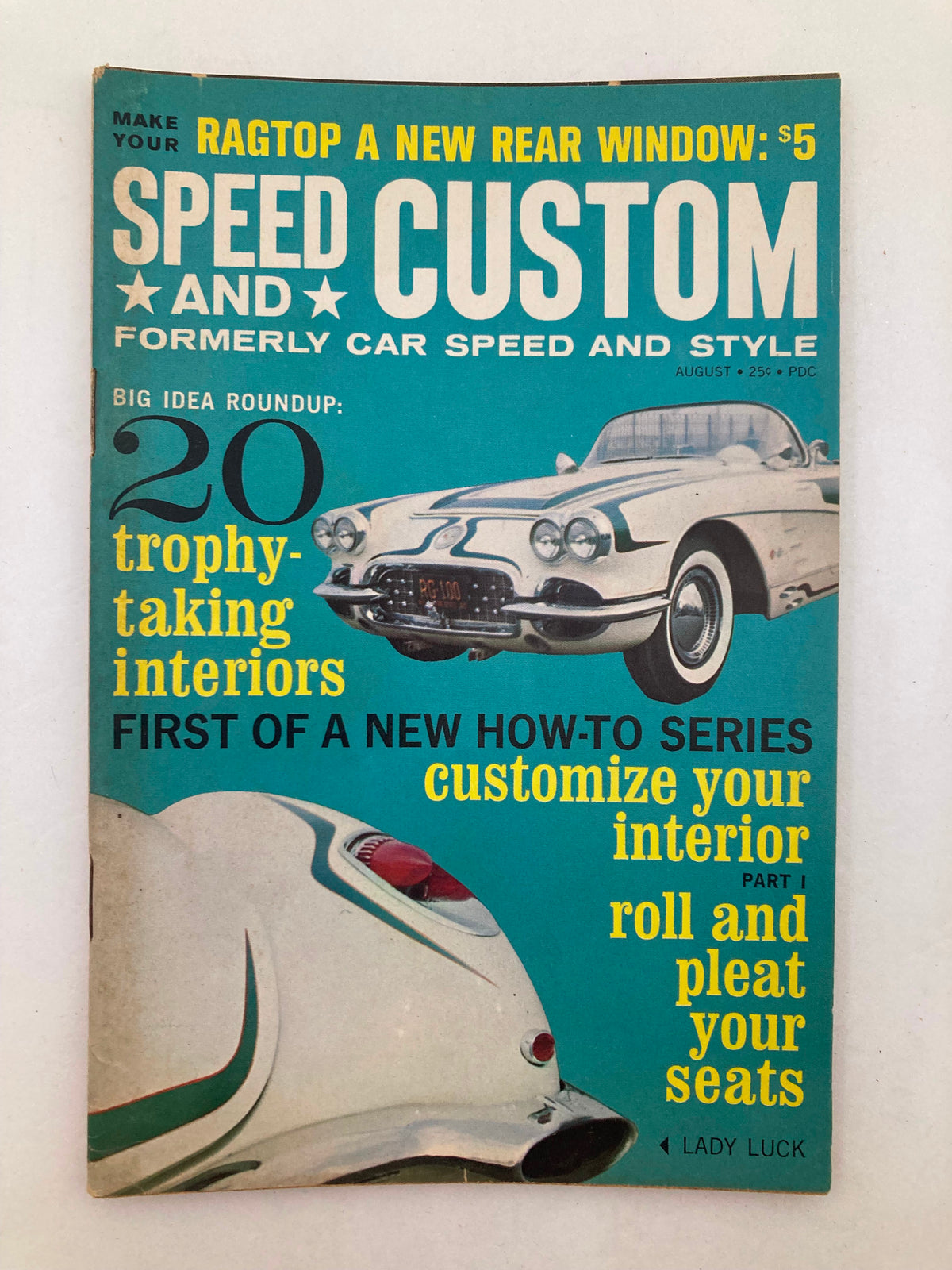 Cover image of VTG Speed & Custom Magazine August 1961, Volume 8, Number 2 showcasing a classic car design, featuring the text "20 trophy-taking interiors" and vintage automotive styling.