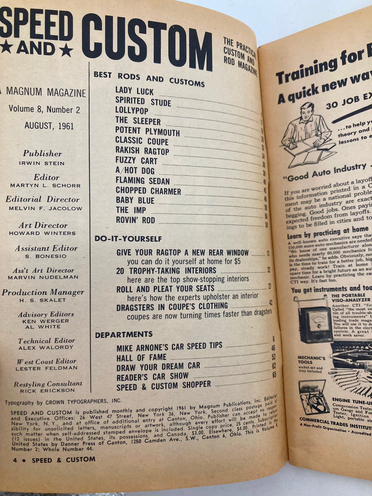 Interior page of VTG Speed & Custom Magazine August 1961, Volume 8, Number 2 displaying article listings and features related to custom rods and automotive tips, emphasizing its nostalgic appeal.