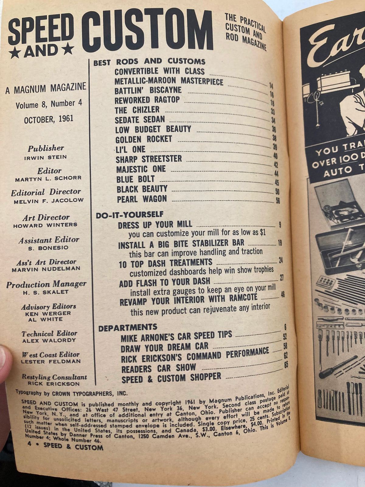Inside page of VTG Speed & Custom Magazine October 1961 Vol 8 #4 displaying the table of contents, highlighting notable features like 'Add Flash to Your Dash' and DIY car projects.