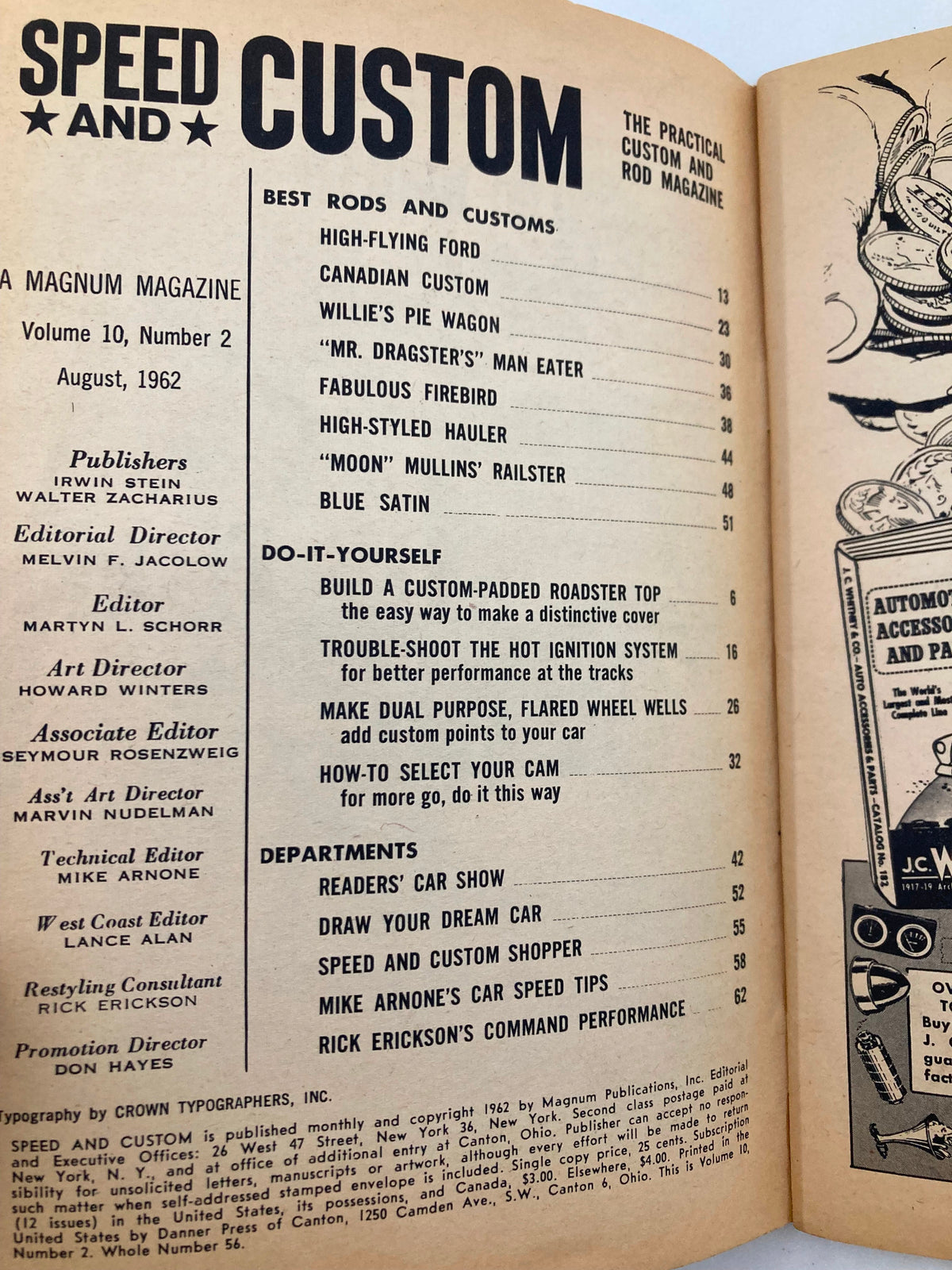 Table of contents page from VTG Speed & Custom Magazine August 1962, Volume 10, Issue 2, listing featured articles including the High-Flying Ford and custom car tips.