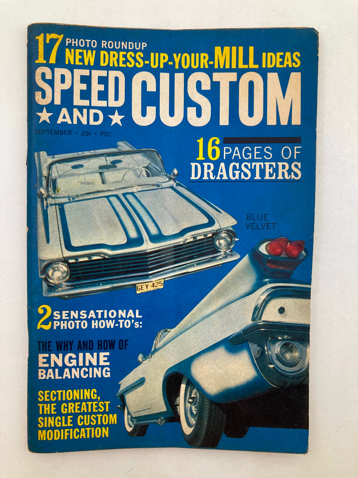 Cover of VTG Speed & Custom Magazine, September 1962, Vol 10 #3 featuring 'Blue Velvet' color scheme, showcasing classic cars and automotive features.