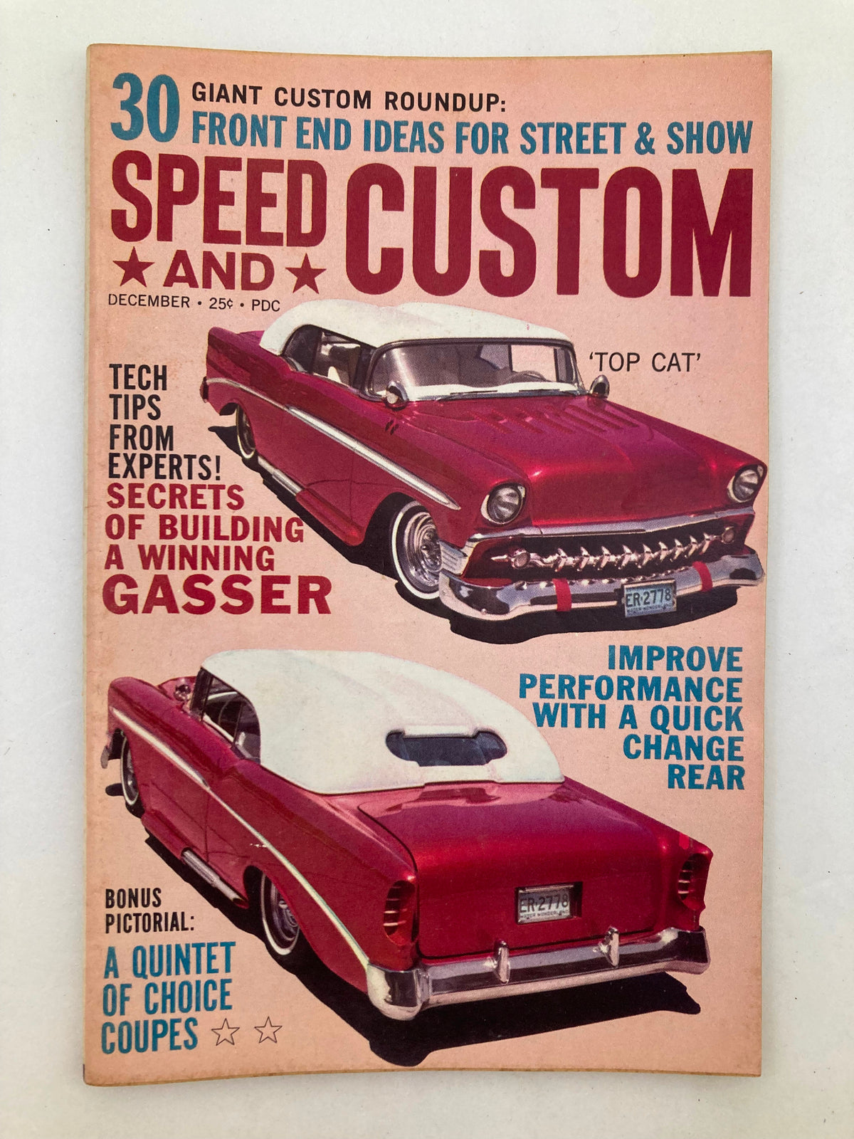 Cover of VTG Speed & Custom Magazine December 1962 Vol 10 #6 featuring two classic cars, with a headline showcasing 'A Quick Change Rear' and tech tips for building a winning gasser.