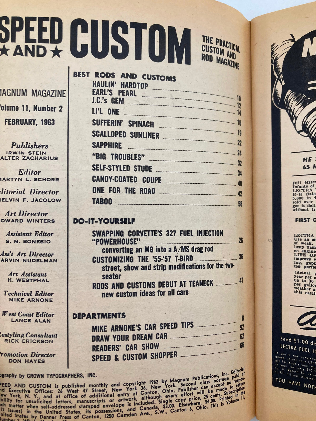 Inside page of VTG Speed & Custom Magazine February 1963 featuring table of contents highlighting best rods and customs, do-it-yourself projects, and departments, showcasing the magazine's vintage automotive culture.