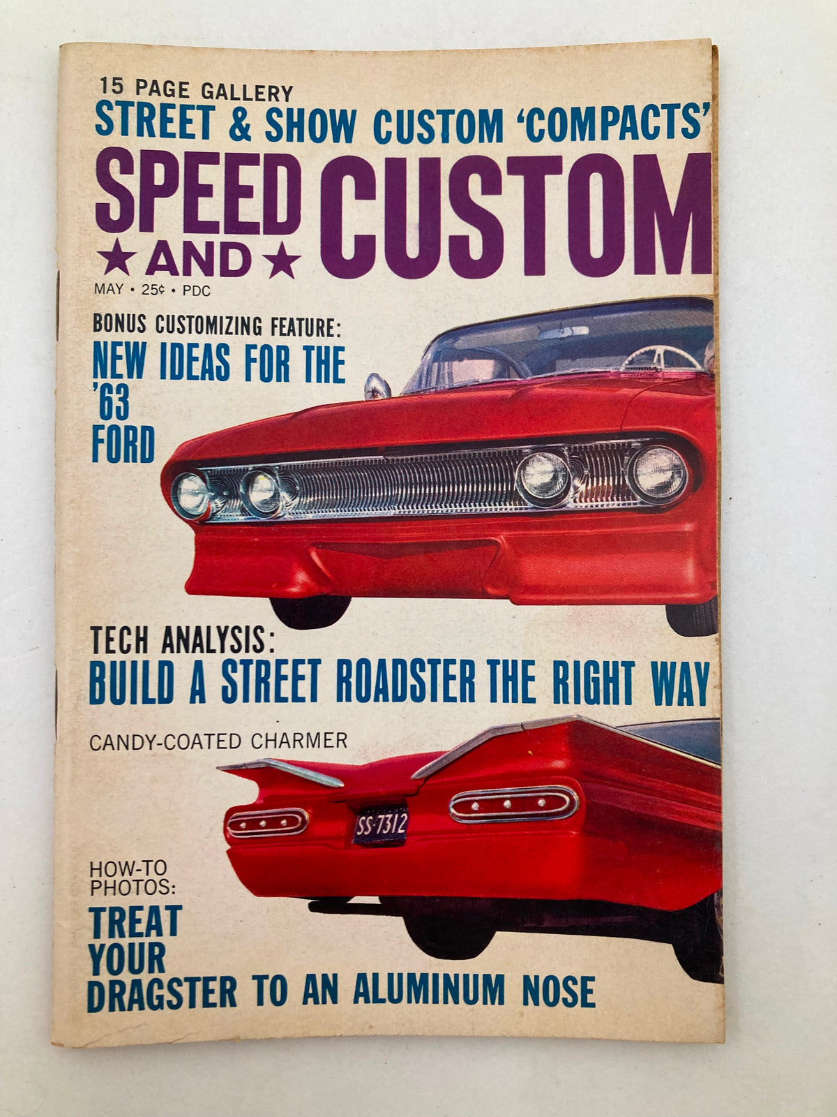 Vintage Speed & Custom Magazine May 1963 Vol 11 #4 cover featuring a red custom car titled 'Candy-Coated Charmer', showcasing automotive design from the 1960s.