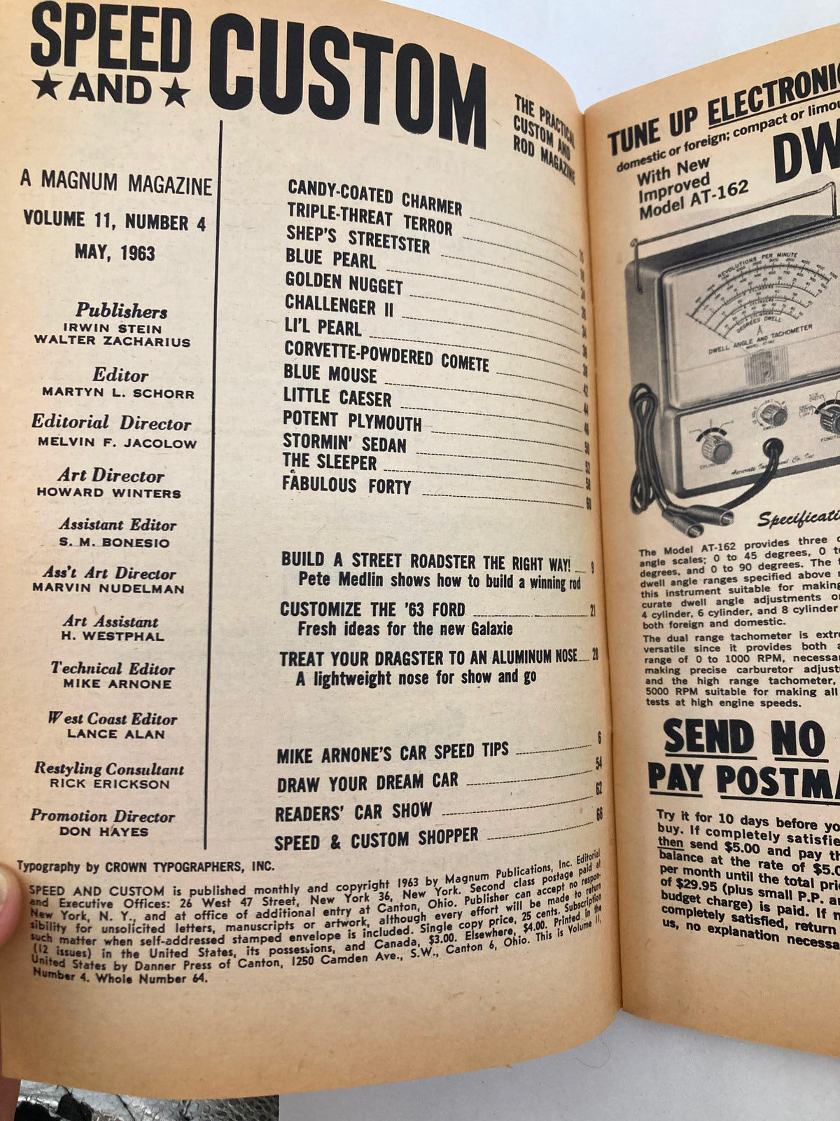 Interior page of Vintage Speed & Custom Magazine May 1963 Vol 11 #4 displaying table of contents with articles on customizing vehicles and automotive tips.