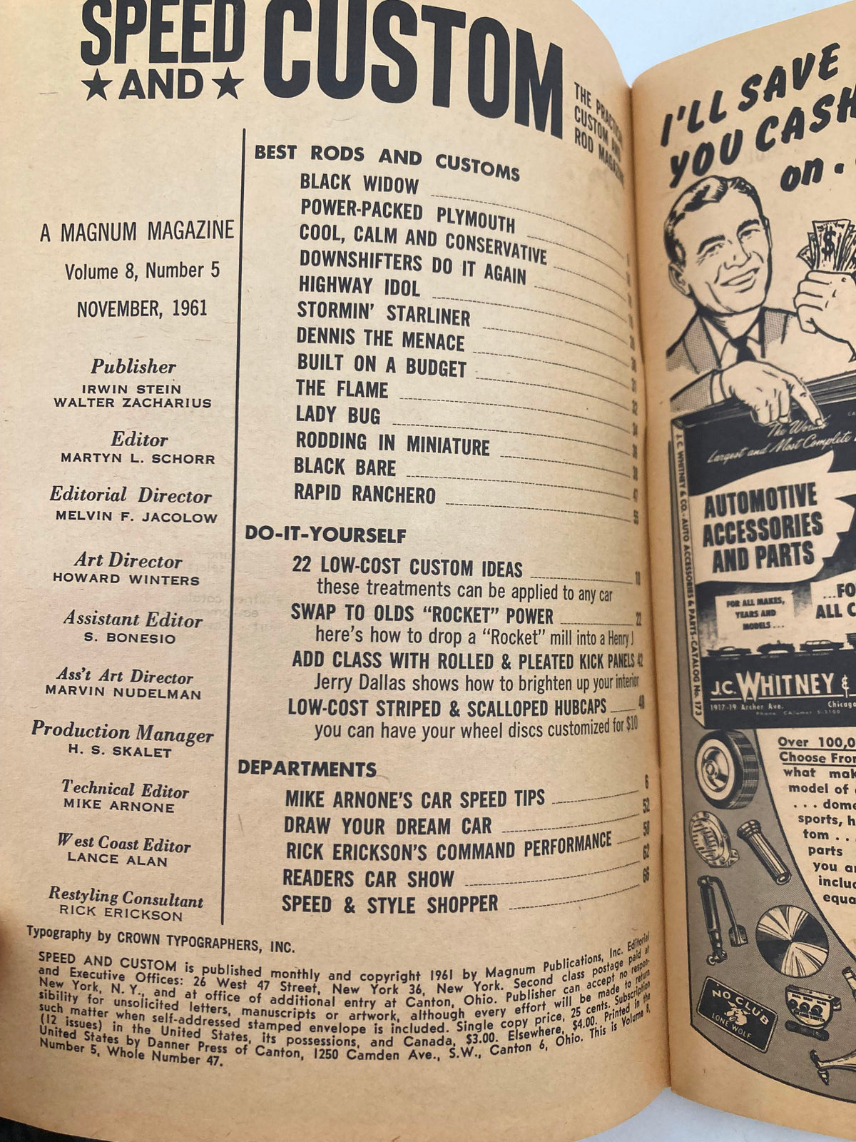 Inside page of the VTG Speed & Custom Magazine November 1961, Volume 8, Issue 5, listing articles and features, including 'Rodding in Miniature' and car customization tips.