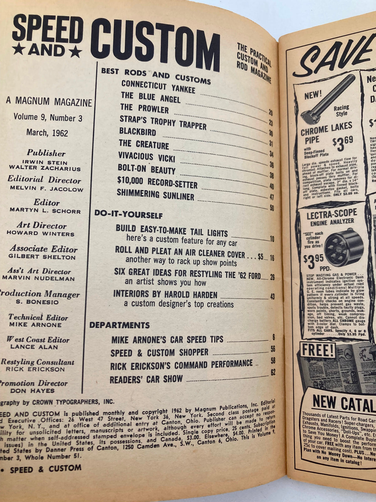 Interior page of VTG Speed & Custom Magazine March 1962, Vol 9 #3 featuring the table of contents and highlighted custom cars like Connecticut Yankee, showcasing automotive culture and DIY tips of the 1960s.