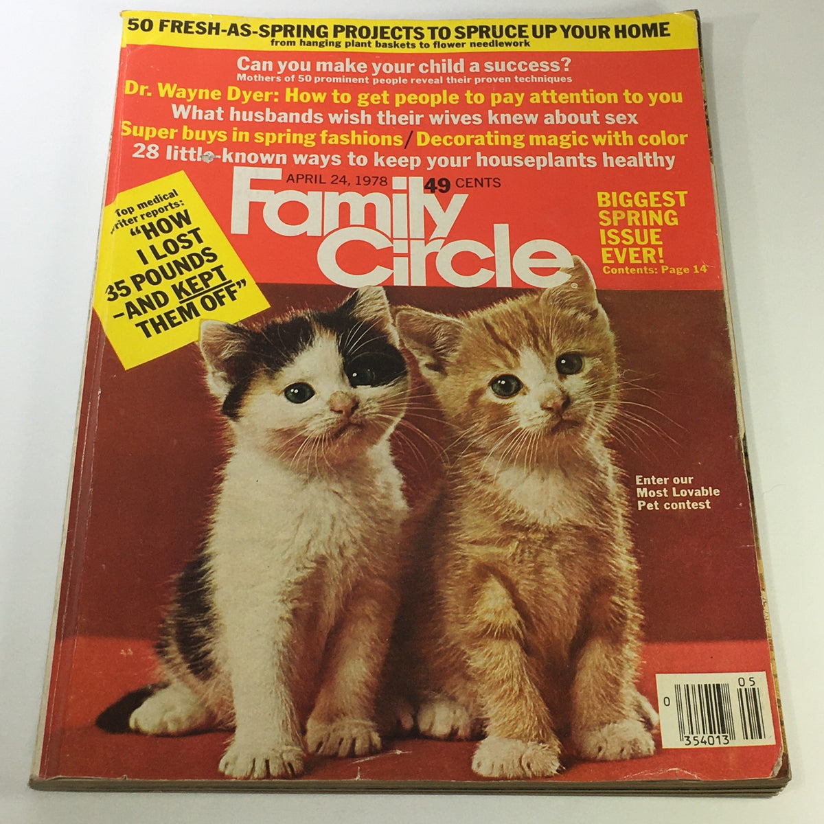 Cover of VTG Family Circle Magazine April 24, 1978 featuring two adorable kittens, showcasing insights by Dr. Wayne Dyer and articles on parenting and lifestyle.