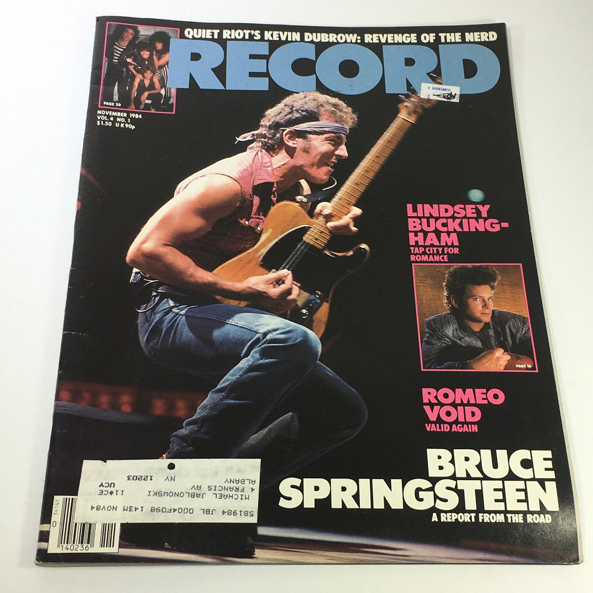 Cover of the November 1984 issue of Record Music Magazine featuring Lindsey Buckingham and Romeo Void, showcasing a vibrant photograph of a musician on stage with a guitar.