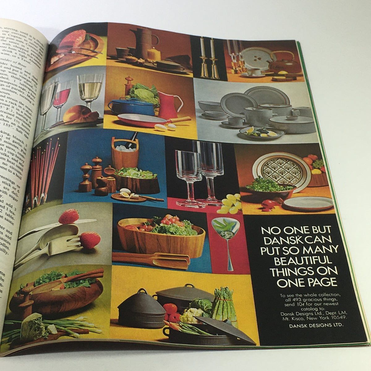 A colorful page from the October 1969 Vintage Gourmet magazine displaying an array of beautiful dining accessories and recipes, emphasizing good living and culinary arts in the 1960s.