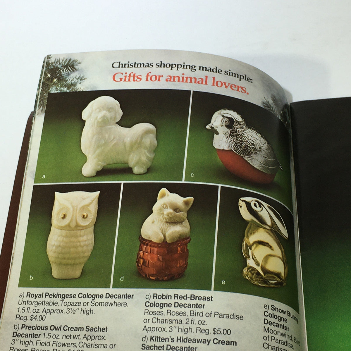 Vintage Avon Christmas Price Guide Product Catalog December 1974 featuring gifts for animal lovers including cologne decanters and sachets.