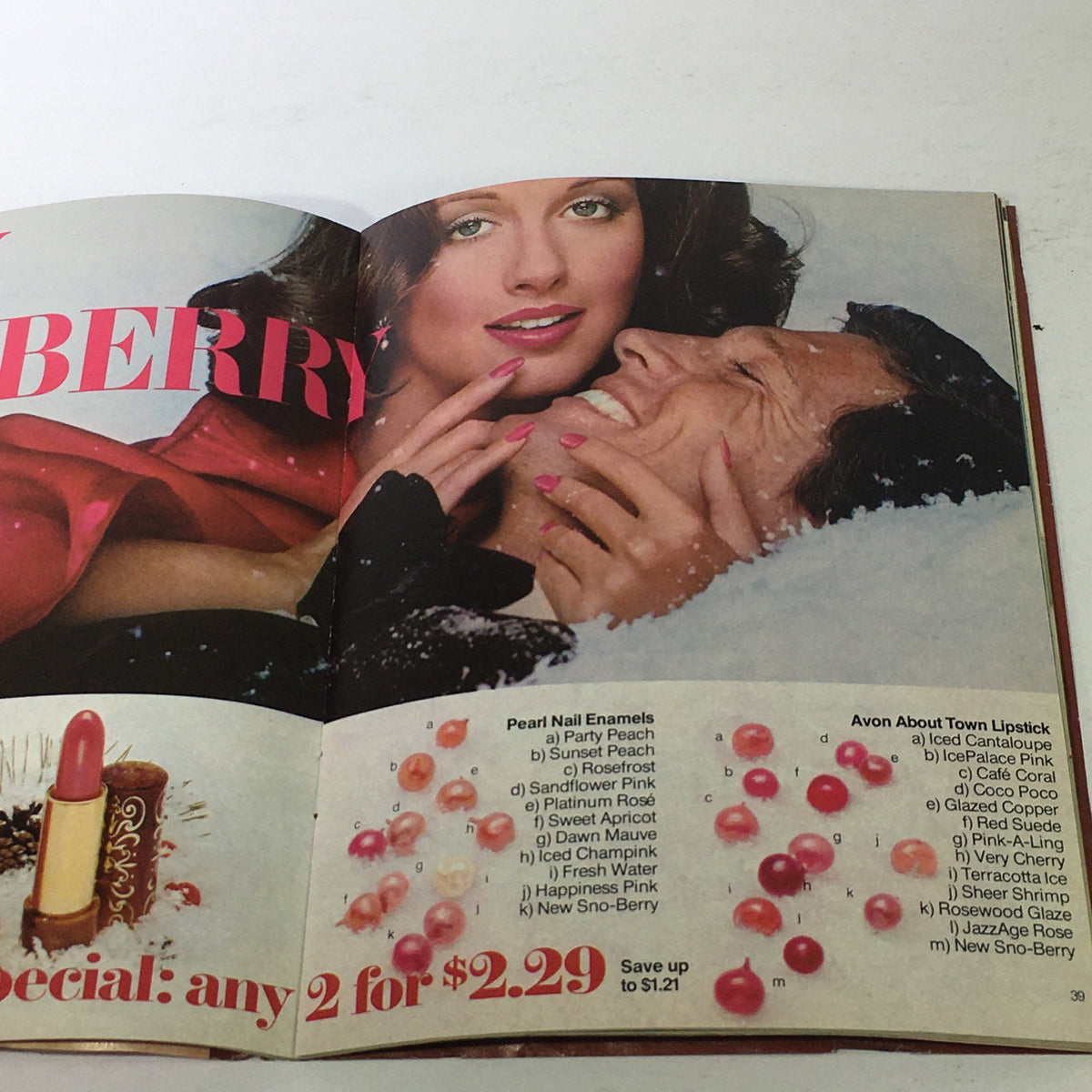 Vintage Avon Christmas Price Guide Product Catalog December 1974 showcasing Pearl Nail Enamels and Avon About Town Lipstick with models.