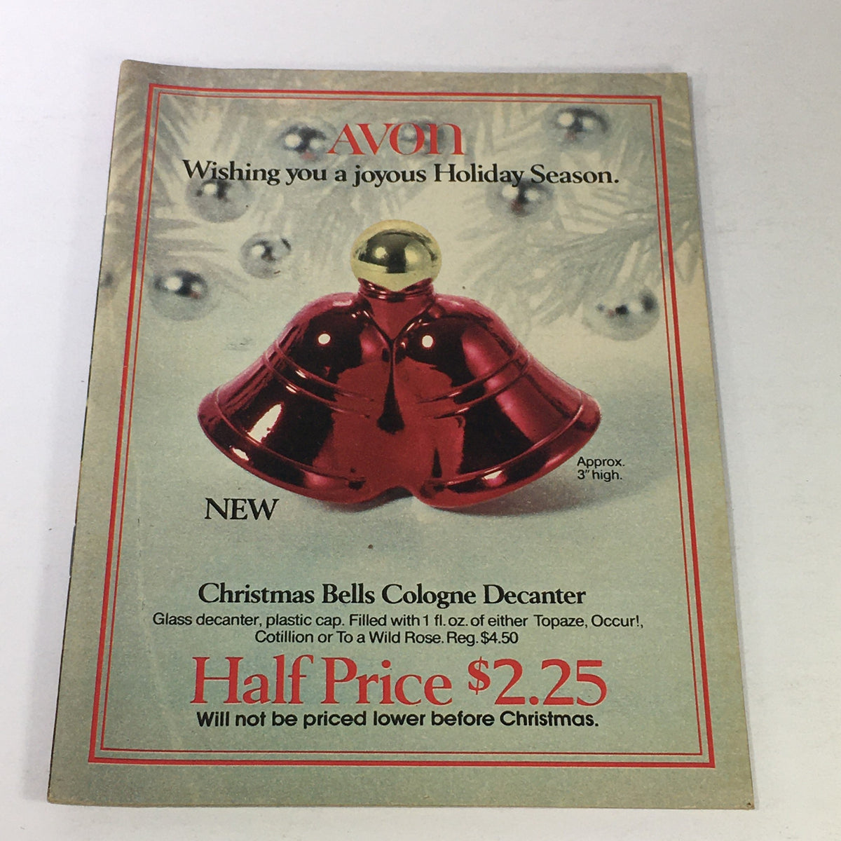 Vintage Avon Christmas Price Guide Catalog December 1974 Bell Cologne Decanter