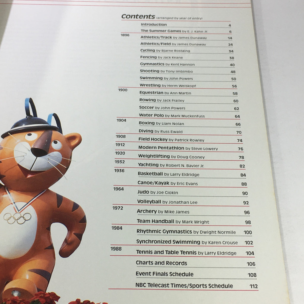Contents page from the VTG 1988 Olympic Games Official NBC Viewer's Guide Seoul, South Korea, featuring a cartoon tiger mascot and list of events.