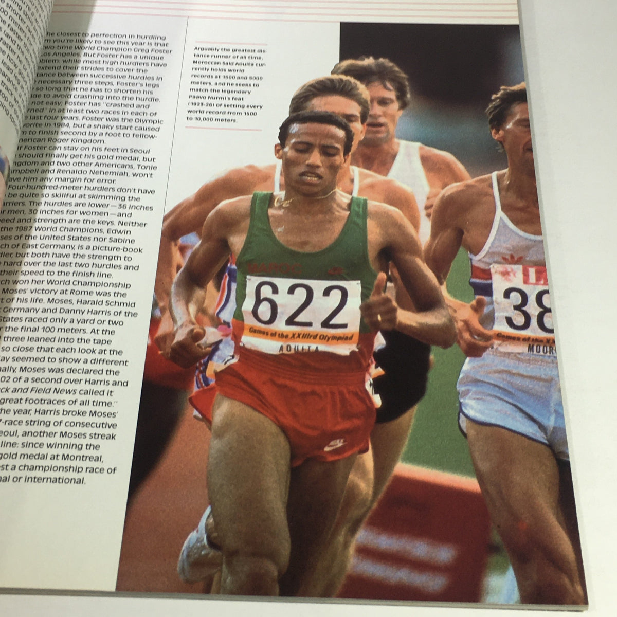 Athlete running during the race featured in the VTG 1988 Olympic Games Official NBC Viewer's Guide Seoul, South Korea, showcasing competitive sports in action.