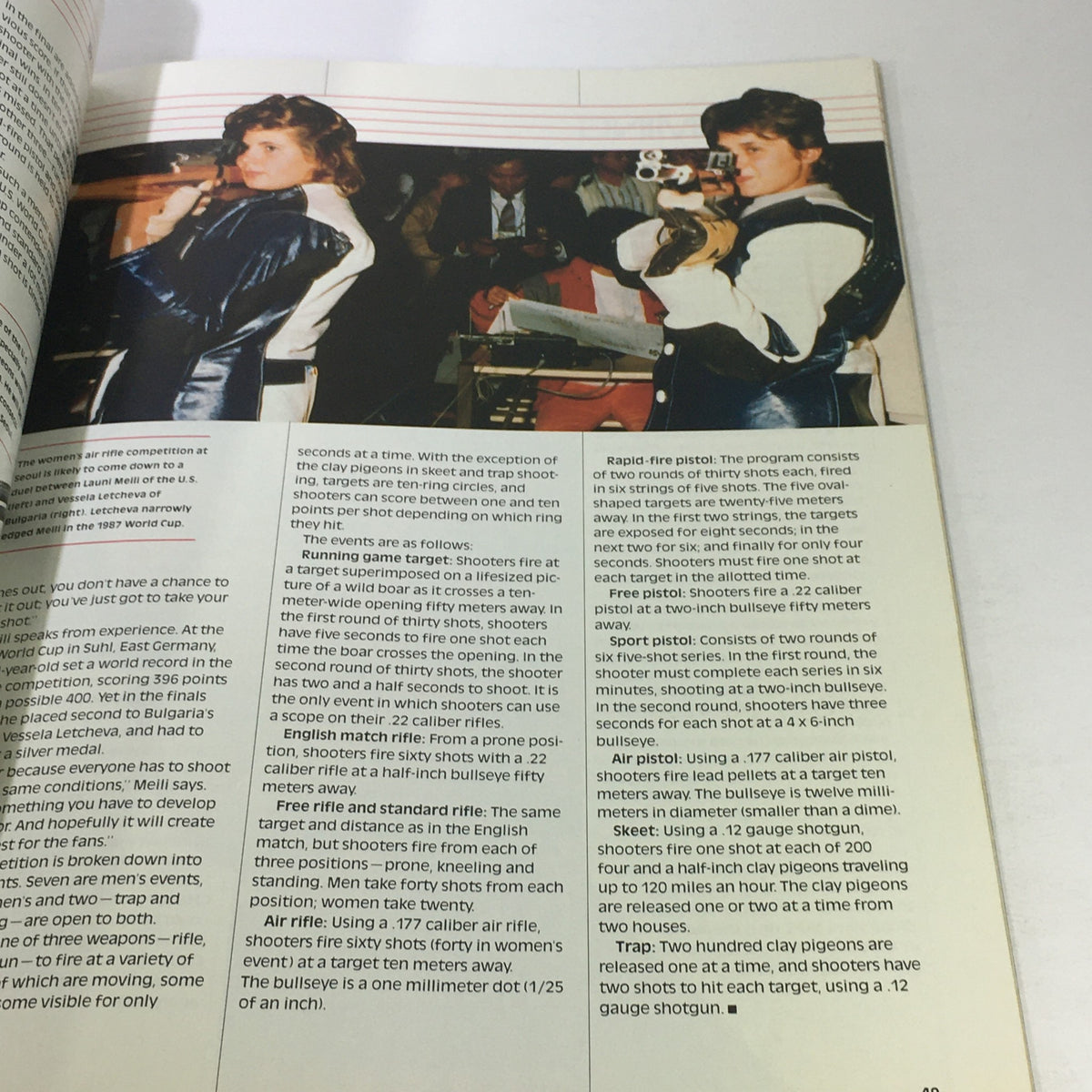 Two female athletes participating in shooting sports detailed in the VTG 1988 Olympic Games Official NBC Viewer's Guide Seoul, South Korea, highlighting Olympic events.
