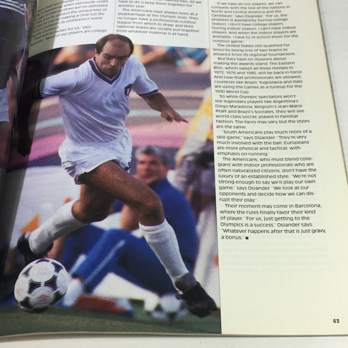 Soccer player in action during the games depicted in the VTG 1988 Olympic Games Official NBC Viewer's Guide Seoul, South Korea, illustrating Olympic soccer.