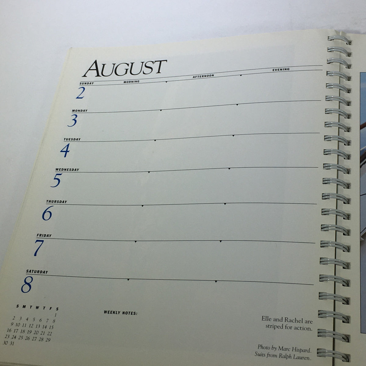 Sports Illustrated 1992 Swimsuit Desk Calendar August page layout with dates and notes section, reflecting the calendar's practical use alongside vintage photography.
