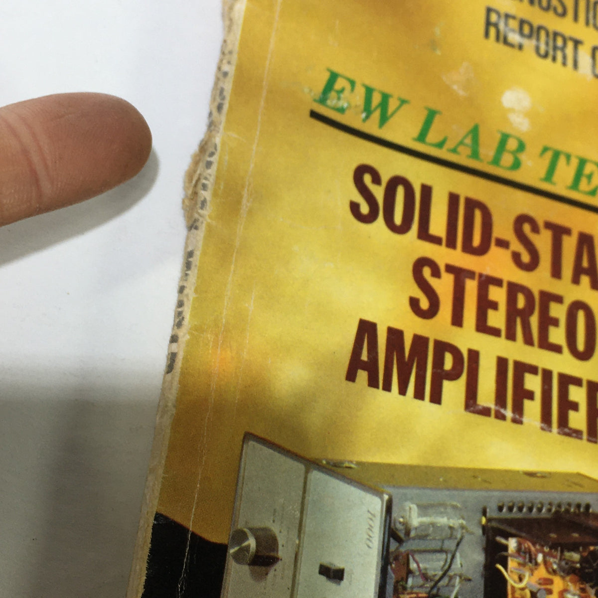 Close-up of the VTG Electronics World Guide Magazine from June 1968 featuring the title 'Solid-State Stereo Amplifiers' with worn edges, highlighting its vintage appeal.