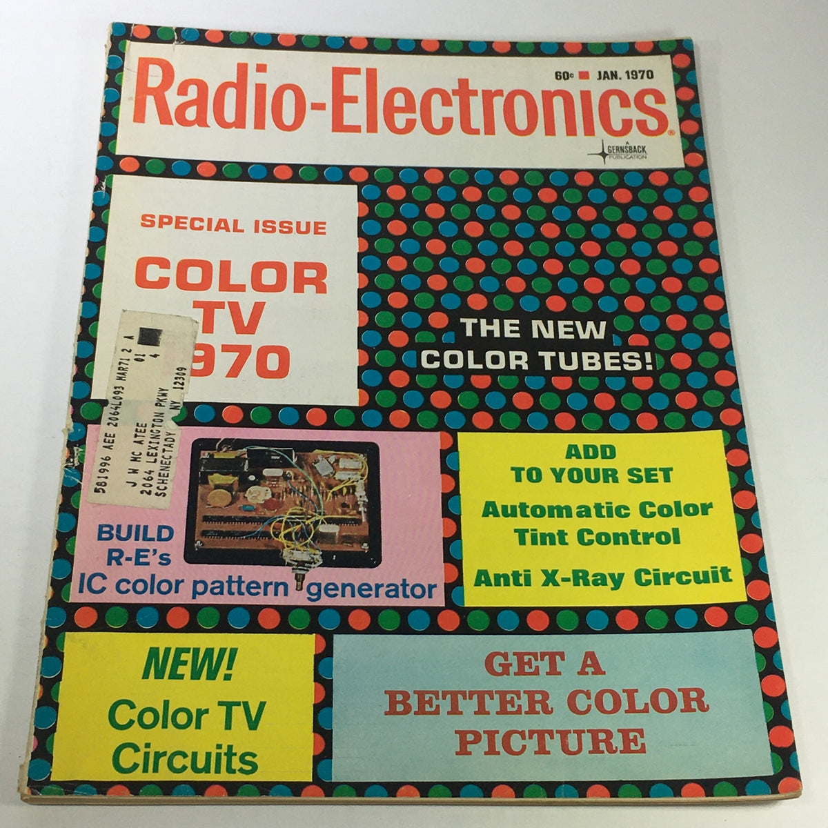 Cover of VTG Radio-Electronics Magazine January 1970 featuring a special issue on Color TV Circuits and Color Tubes, showcasing colorful graphics and topics like automatic color tint control and IC color pattern generator.
