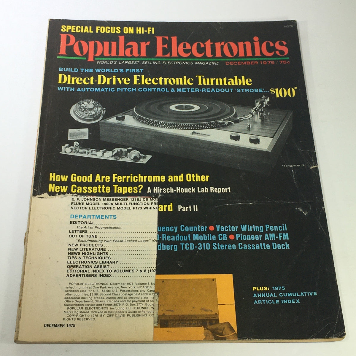 Cover of VTG Radio-Electronics Magazine December 1975 featuring a Direct-Drive Electronic Turntable, highlighting information on audio technology and reviews.