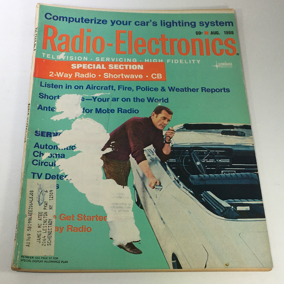 Cover of VTG Radio-Electronics Magazine from August 1968 featuring 2-way radios, shortwave, and CB topics with visible wear marks.