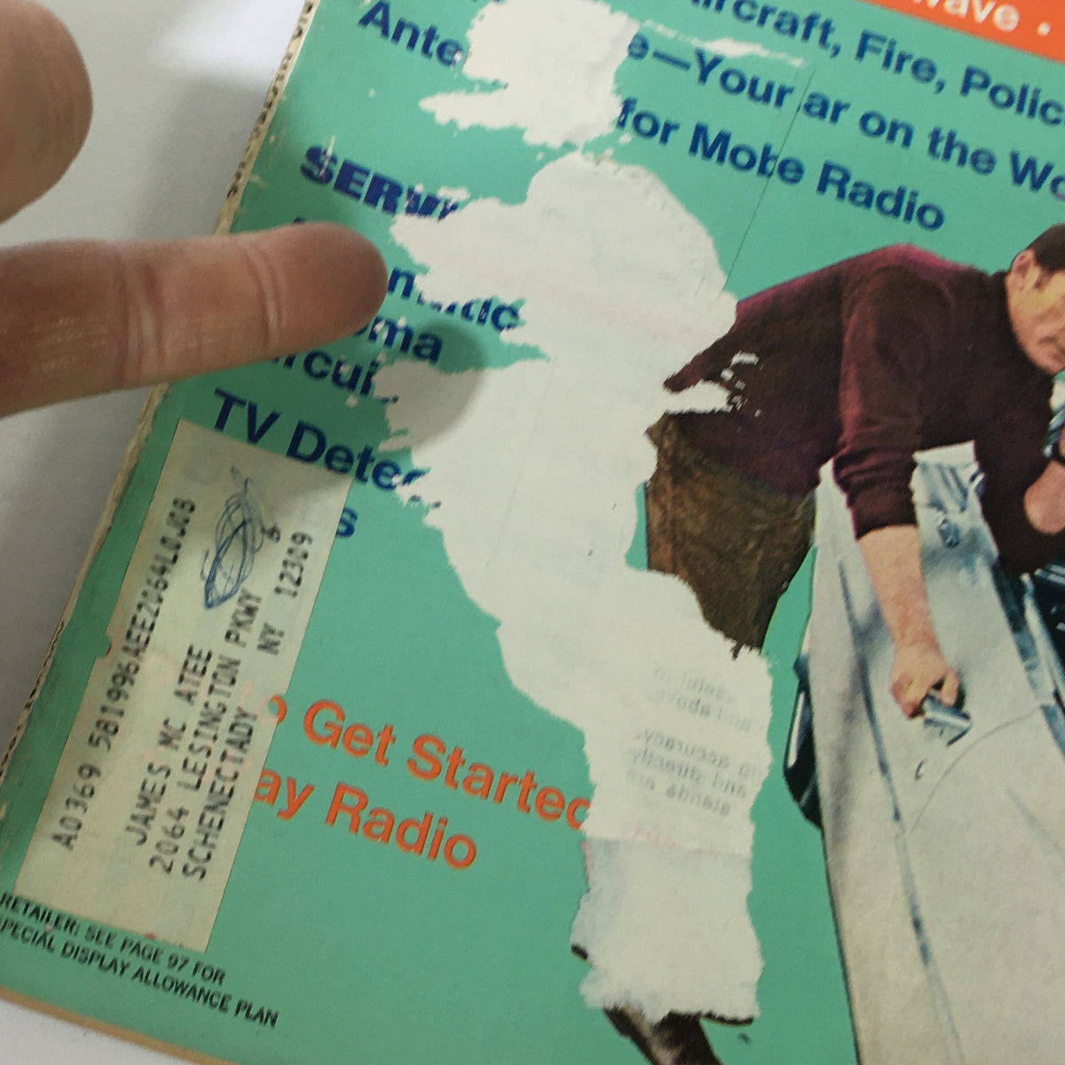 Close-up view of the cover of VTG Radio-Electronics Magazine August 1968 emphasizing the special section on 2-way radio and wear details on the magazine.