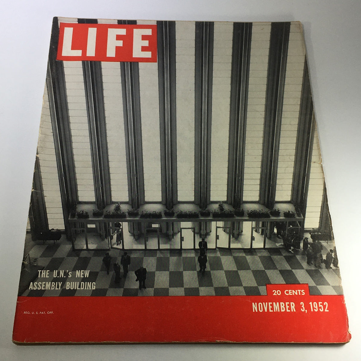 Cover of VTG Life Magazine, November 3, 1952, featuring The U.N.'s New Assembly Building with a black and white photograph of the entrance, showcasing a significant moment in history.