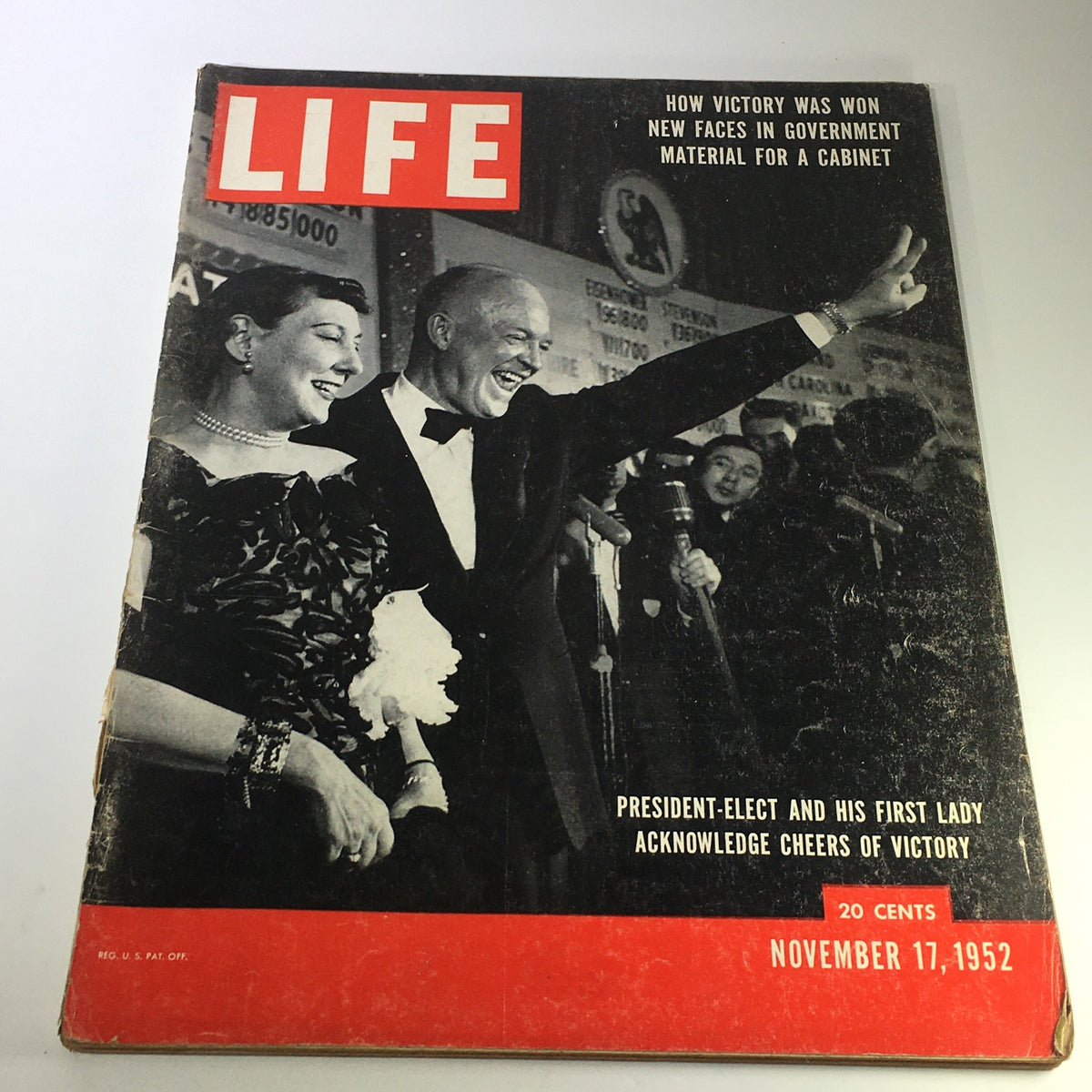 Cover of VTG Life Magazine from November 17, 1952 featuring President-elect Dwight D. Eisenhower and First Lady Mamie Eisenhower celebrating with smiles, showcasing a historic moment in American history.