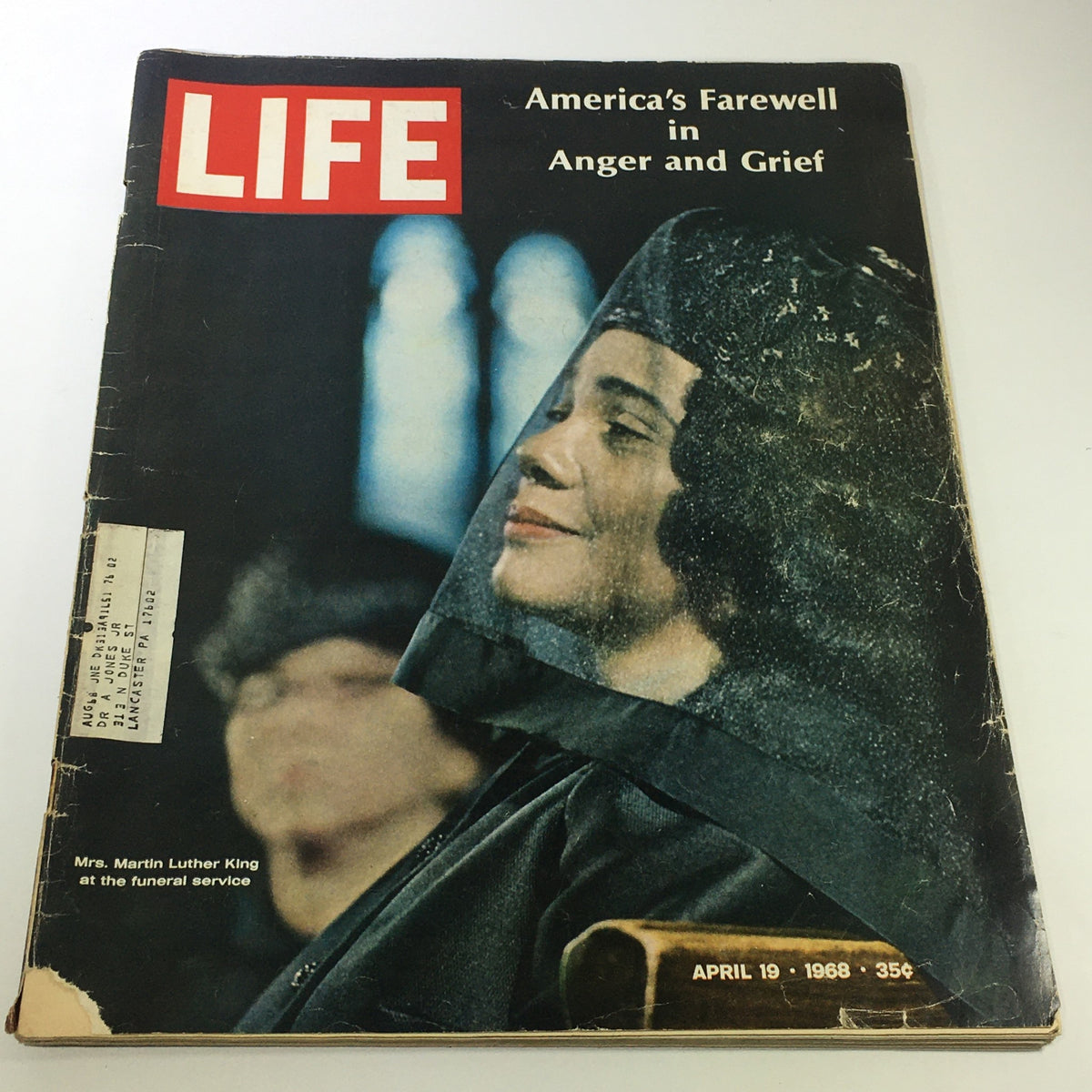 Cover of VTG Life Magazine April 19 1968 featuring Mrs. Coretta Scott King at the funeral service of Dr. Martin Luther King Jr. The magazine's title is prominently displayed, along with a touching depiction of sorrow in the 1960s.