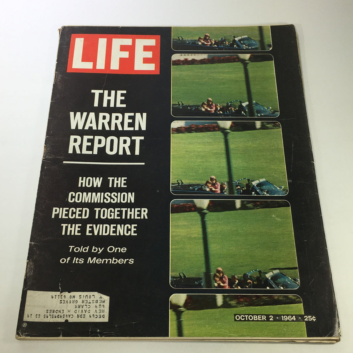 Vintage Life Magazine cover from October 2, 1964, featuring 'The Warren Report / The Evidence', showcasing the impactful examination of JFK's assassination with various images related to the event.