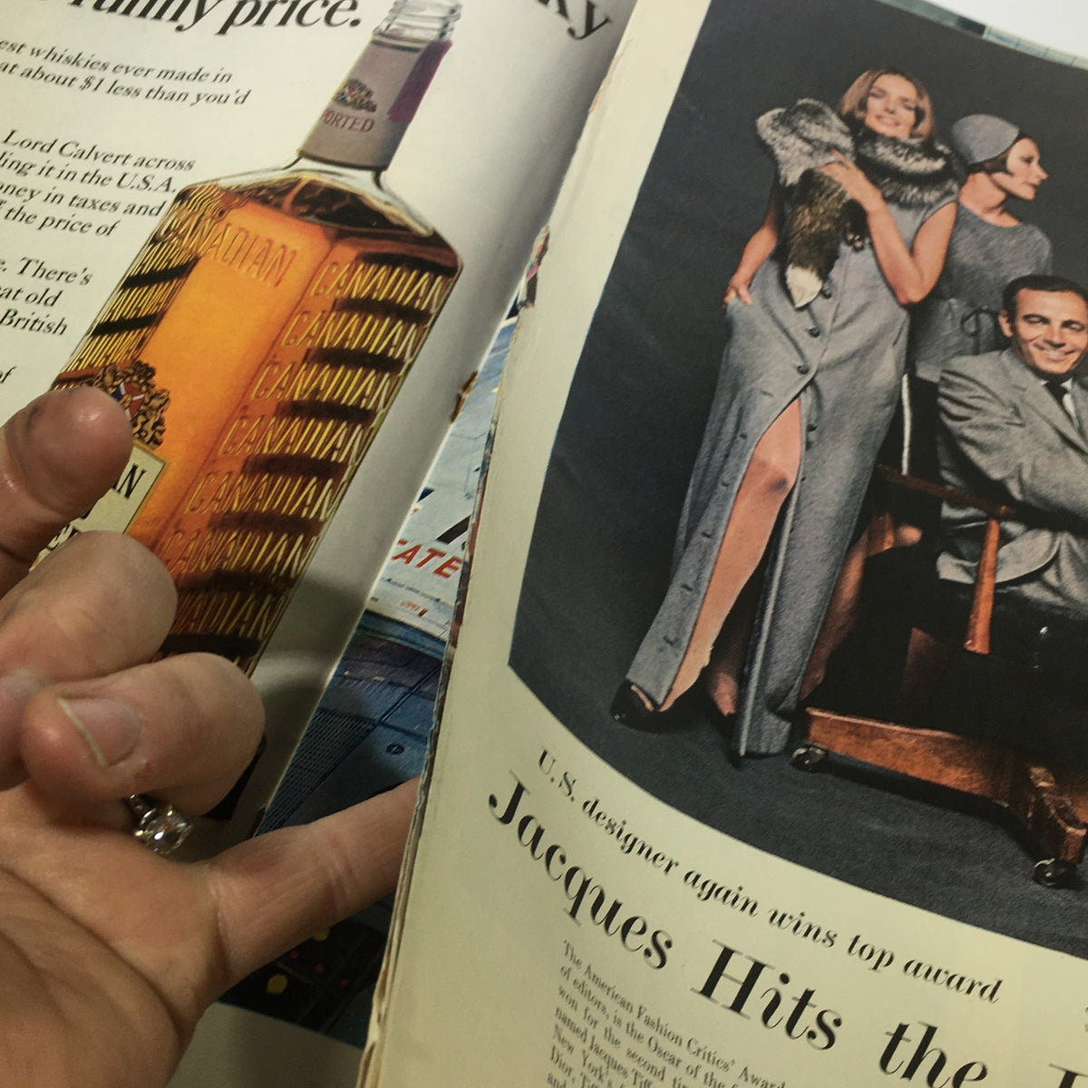 Vintage Life Magazine October 2, 1964 featuring a fashion segment with models showcasing elegant attire and a product advertisement for Canadian whisky.