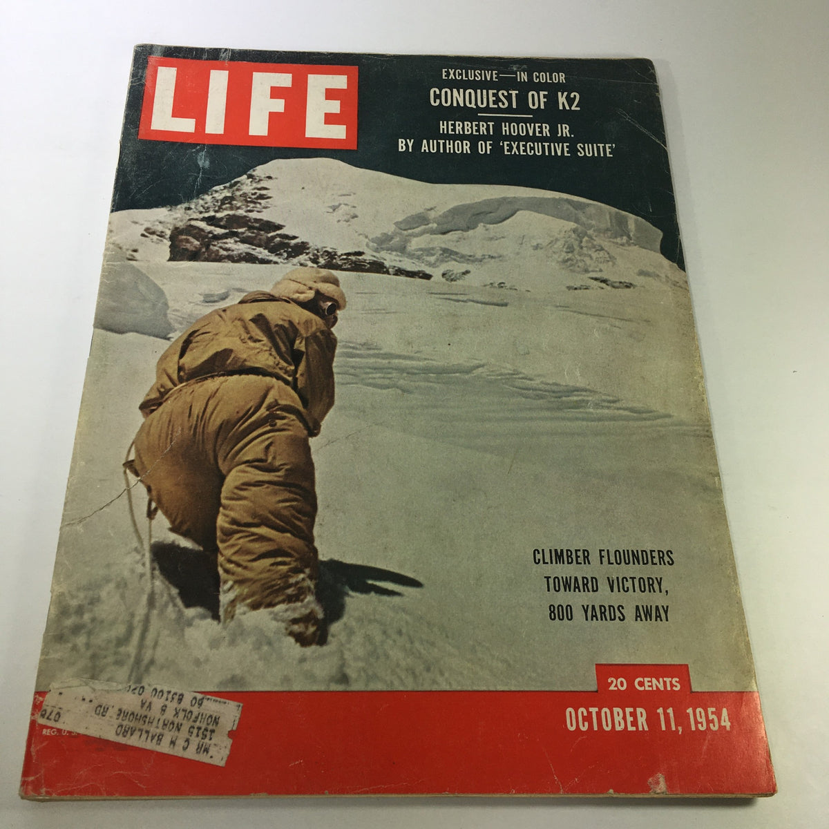 Cover of VTG Life Magazine from October 11, 1954, featuring the title 'Conquest of K2' and an image of a climber in snow, highlighting Herbert Hoover Jr.