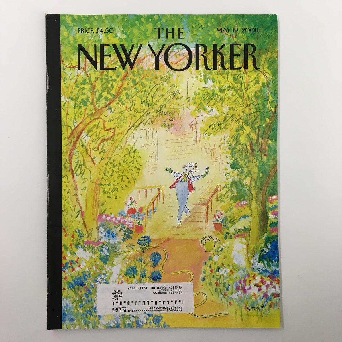 The New Yorker Full Magazine May 19 2008 featuring a vibrant springtime cover illustration by Jean Jacques Sempe, showcasing lush greenery and colorful flowers.