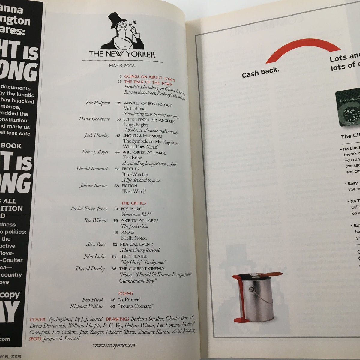 Interior page of The New Yorker Full Magazine May 19 2008, displaying the contents section with article titles and authors, including a section called 'Going on About Town'.
